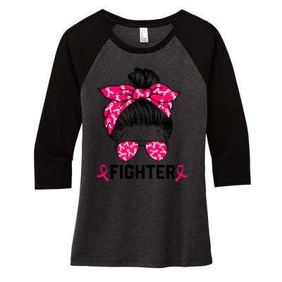 Fighter Messy Bun Breast Cancer Awareness Pink Warrior Women's Tri-Blend 3/4-Sleeve Raglan Shirt