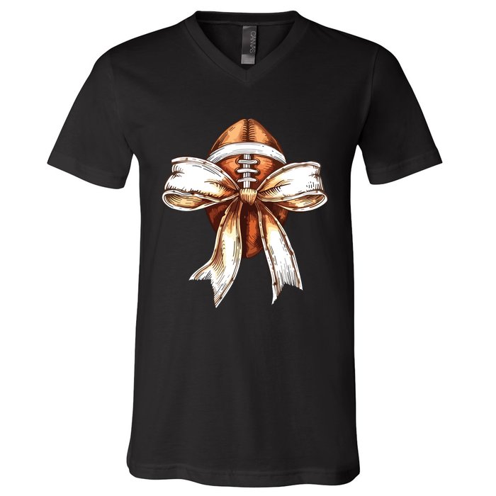 Football Mama Bow Fall Coquette Bow V-Neck T-Shirt