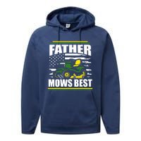 Father Mows Best Funny Lawn Mower American Flag Fathers Day Performance Fleece Hoodie