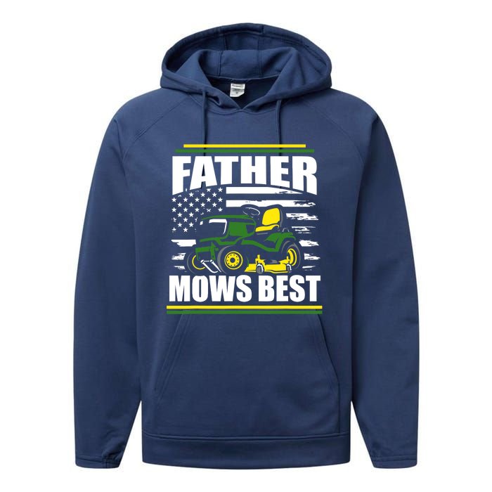 Father Mows Best Funny Lawn Mower American Flag Fathers Day Performance Fleece Hoodie