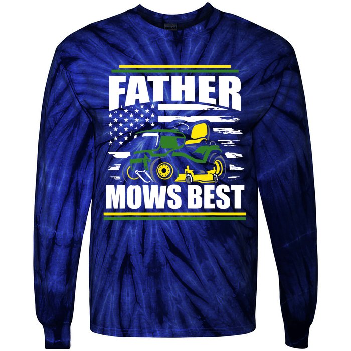 Father Mows Best Funny Lawn Mower American Flag Fathers Day Tie-Dye Long Sleeve Shirt