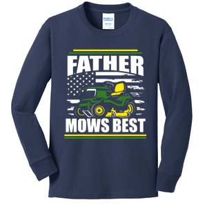 Father Mows Best Funny Lawn Mower American Flag Fathers Day Kids Long Sleeve Shirt