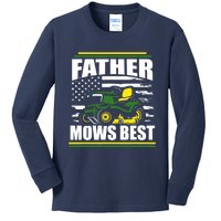 Father Mows Best Funny Lawn Mower American Flag Fathers Day Kids Long Sleeve Shirt