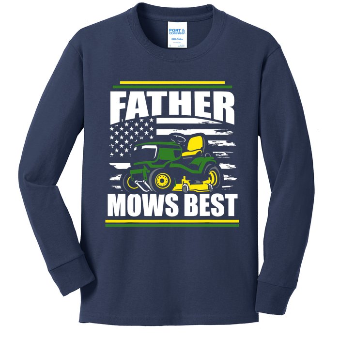 Father Mows Best Funny Lawn Mower American Flag Fathers Day Kids Long Sleeve Shirt