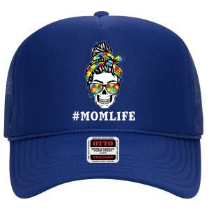 Funny Messy Bun Skeleton Mom Life Autism Awareness Day Meaningful Gift High Crown Mesh Back Trucker Hat