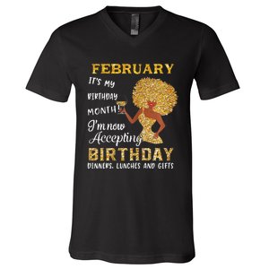 February My Birthday Month Gold Glitter Black Afro Gift V-Neck T-Shirt