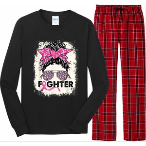 Fighter Messy Bun Pink Warrior Breast Cancer Awareness Long Sleeve Pajama Set