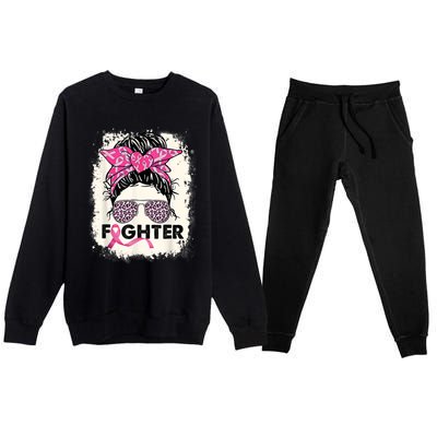 Fighter Messy Bun Pink Warrior Breast Cancer Awareness Premium Crewneck Sweatsuit Set