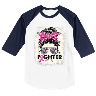 Fighter Messy Bun Pink Warrior Breast Cancer Awareness Baseball Sleeve Shirt