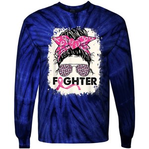 Fighter Messy Bun Pink Warrior Breast Cancer Awareness Tie-Dye Long Sleeve Shirt