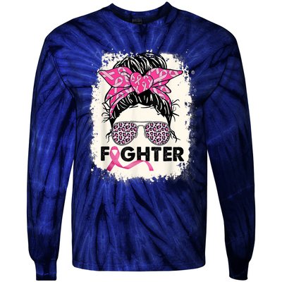 Fighter Messy Bun Pink Warrior Breast Cancer Awareness Tie-Dye Long Sleeve Shirt