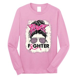 Fighter Messy Bun Pink Warrior Breast Cancer Awareness Long Sleeve Shirt