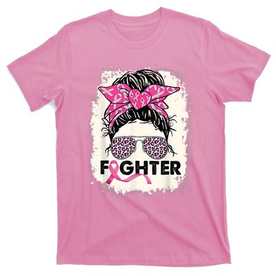 Fighter Messy Bun Pink Warrior Breast Cancer Awareness T-Shirt