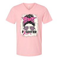 Fighter Messy Bun Pink Warrior Breast Cancer Awareness V-Neck T-Shirt