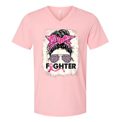 Fighter Messy Bun Pink Warrior Breast Cancer Awareness V-Neck T-Shirt