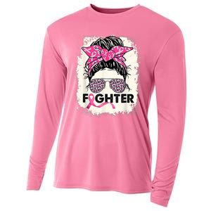 Fighter Messy Bun Pink Warrior Breast Cancer Awareness Cooling Performance Long Sleeve Crew