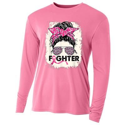 Fighter Messy Bun Pink Warrior Breast Cancer Awareness Cooling Performance Long Sleeve Crew