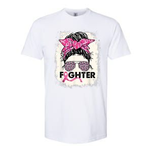 Fighter Messy Bun Pink Warrior Breast Cancer Awareness Softstyle CVC T-Shirt