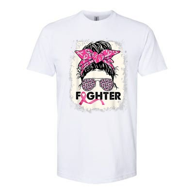 Fighter Messy Bun Pink Warrior Breast Cancer Awareness Softstyle CVC T-Shirt