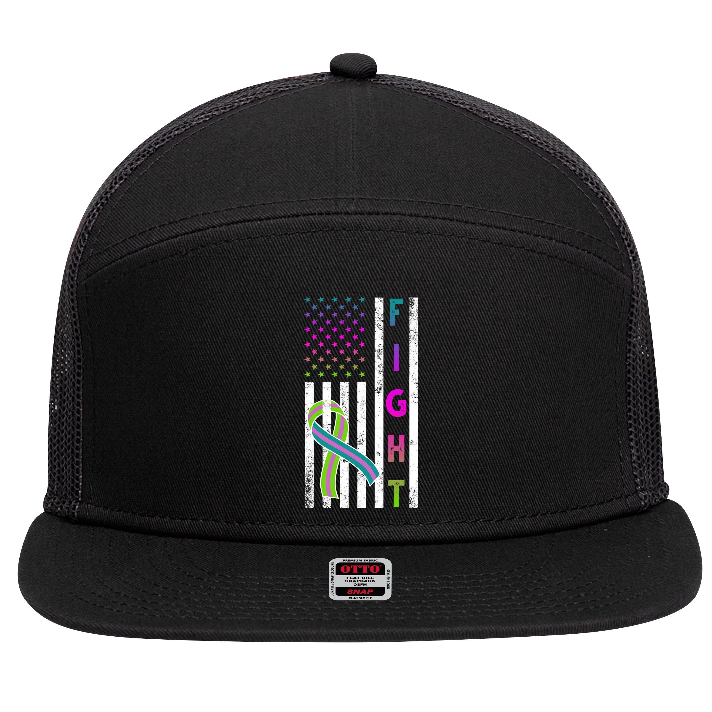 Fight Metastatic Breast Cancer American Flag 7 Panel Mesh Trucker Snapback Hat