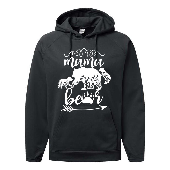 Floral Mama Bear Mom Of 2 Mama Bear Two Cub Floral Mama Bear Performance Fleece Hoodie