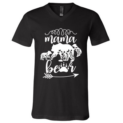 Floral Mama Bear Mom Of 2 Mama Bear Two Cub Floral Mama Bear V-Neck T-Shirt