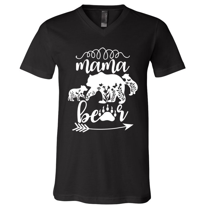 Floral Mama Bear Mom Of 2 Mama Bear Two Cub Floral Mama Bear V-Neck T-Shirt