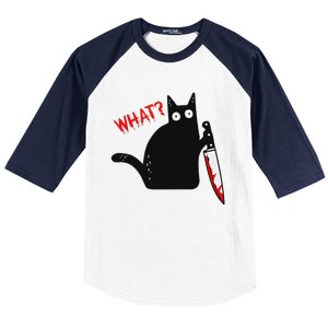 Funny Murderous Black Cat With Knife Black Cat What Baseball Sleeve Shirt