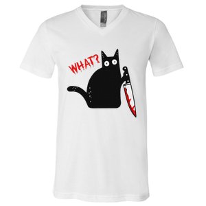 Funny Murderous Black Cat With Knife Black Cat What V-Neck T-Shirt