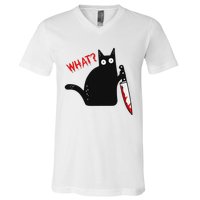 Funny Murderous Black Cat With Knife Black Cat What V-Neck T-Shirt