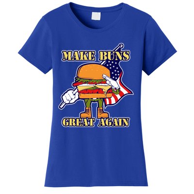 Funny Make Buns Great Again American Flag Burger Buns Funny Gift Women's T-Shirt