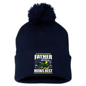 Father Mows Best Funny Lawn Mower American Flag Fathers Day Pom Pom 12in Knit Beanie