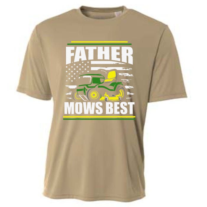 Father Mows Best Funny Lawn Mower American Flag Fathers Day Cooling Performance Crew T-Shirt