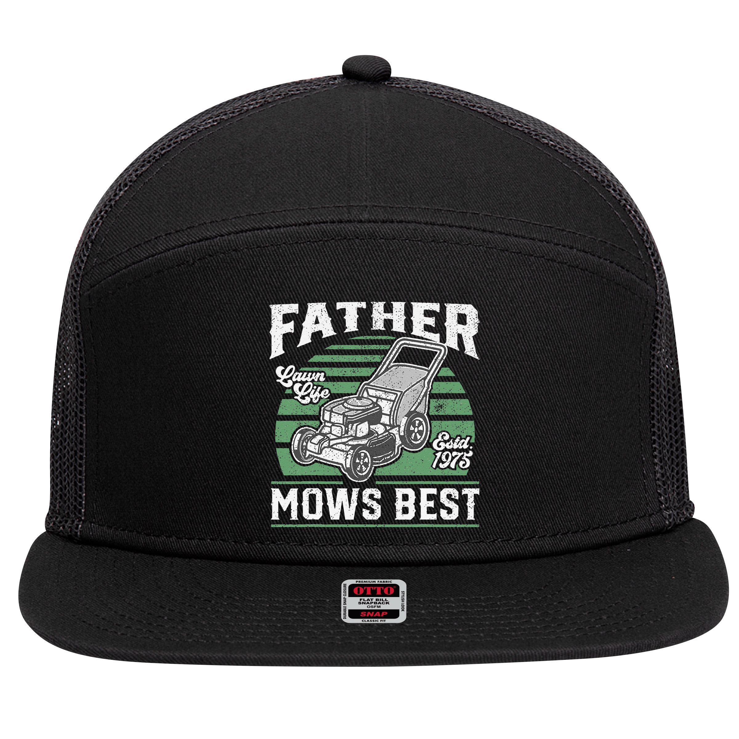 Father Mows Best Funny Lawn Mower Mowing Fathers Day Gift 7 Panel Mesh Trucker Snapback Hat
