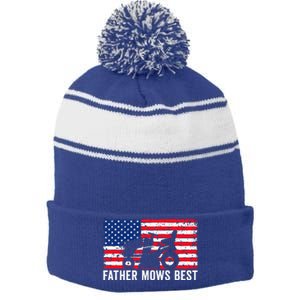 Father Mows Best Lawn Care Dad Mowing Patriotic Stripe Pom Pom Beanie