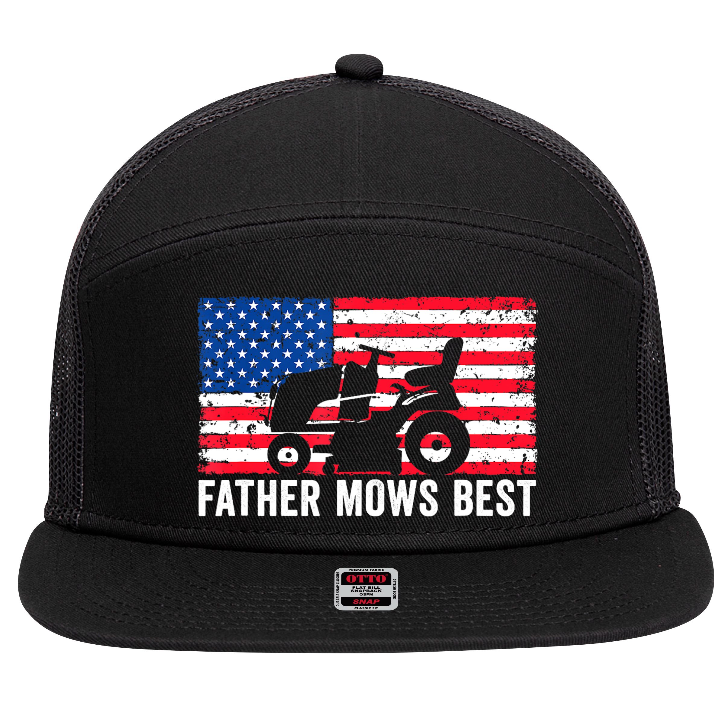 Father Mows Best Lawn Care Dad Mowing Patriotic FatherS Day 7 Panel Mesh Trucker Snapback Hat