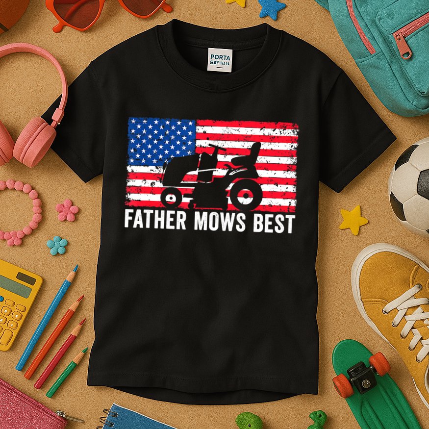 Father Mows Best Lawn Care Dad Mowing Patriotic FatherS Day Kids T-Shirt