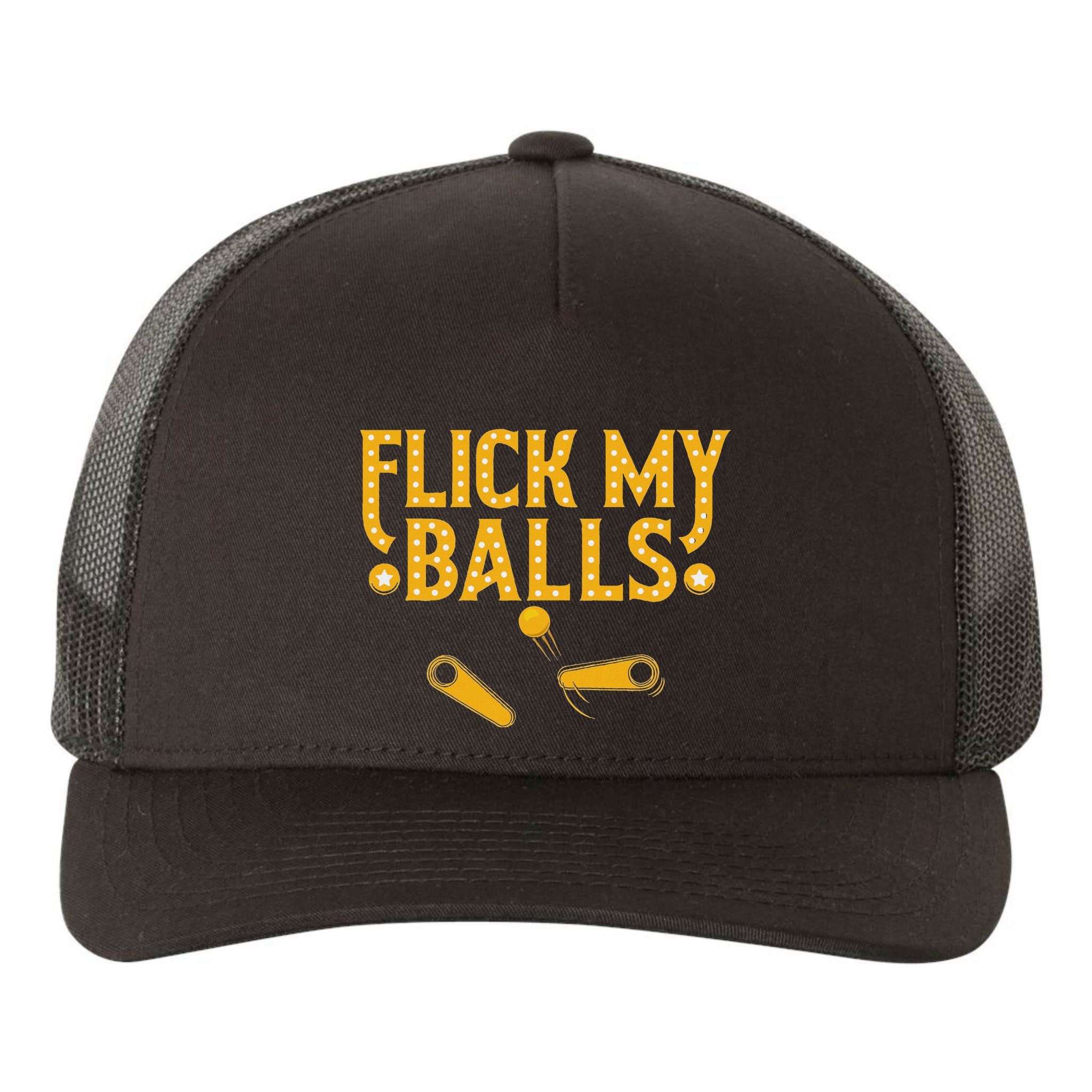 Flick My Balls Retro Vintage Multiball Pinball Arcade Game Yupoong Adult 5-Panel Trucker Hat