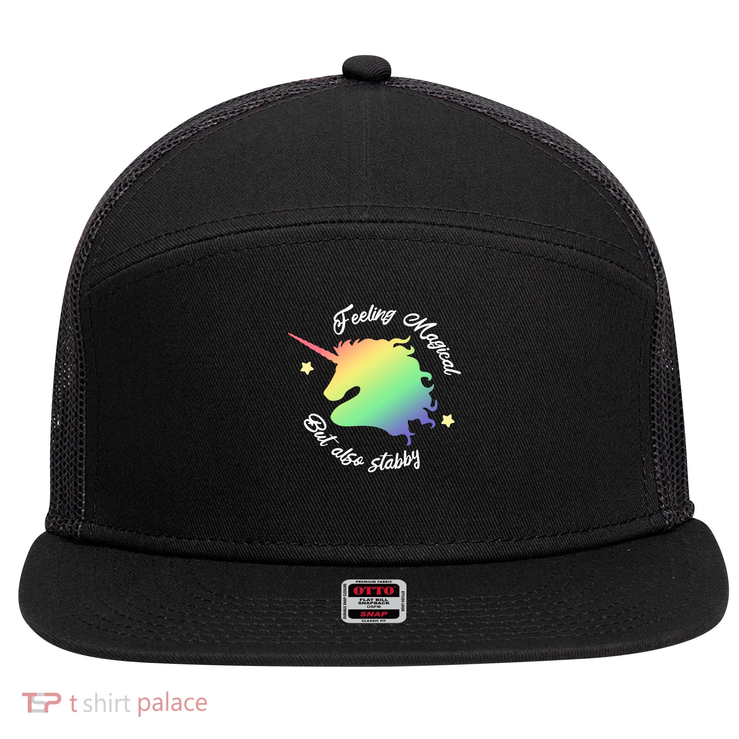 Feeling Magical But Also Stabby Rainbow Unicorn Gift 7 Panel Mesh Trucker Snapback Hat