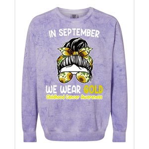 Floral Messy Bun In September We Wear Gold Childhood Cancer Colorblast Crewneck Sweatshirt