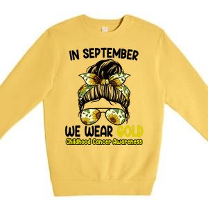 Floral Messy Bun In September We Wear Gold Childhood Cancer Premium Crewneck Sweatshirt