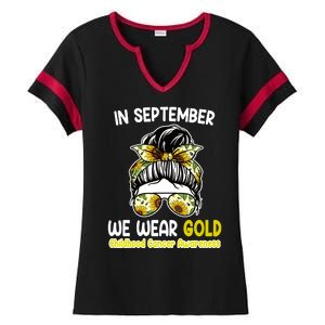 Floral Messy Bun In September We Wear Gold Childhood Cancer Ladies Halftime Notch Neck Tee