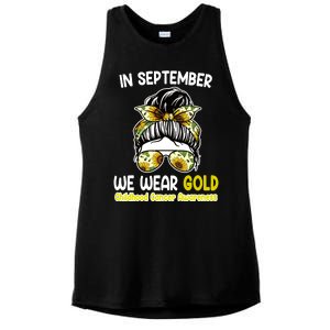 Floral Messy Bun In September We Wear Gold Childhood Cancer Ladies PosiCharge Tri-Blend Wicking Tank