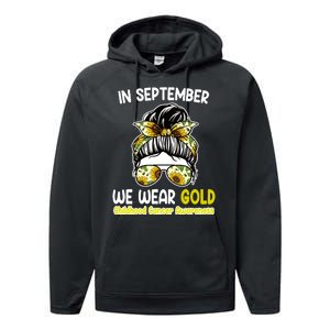 Floral Messy Bun In September We Wear Gold Childhood Cancer Performance Fleece Hoodie