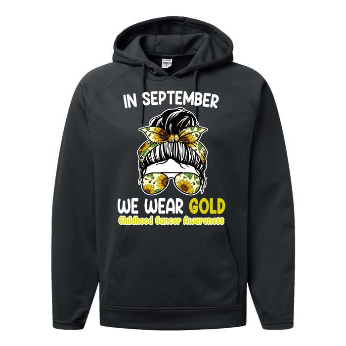 Floral Messy Bun In September We Wear Gold Childhood Cancer Performance Fleece Hoodie