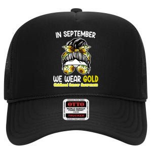 Floral Messy Bun In September We Wear Gold Childhood Cancer High Crown Mesh Back Trucker Hat