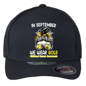 Floral Messy Bun In September We Wear Gold Childhood Cancer Flexfit Unipanel Trucker Cap