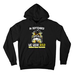 Floral Messy Bun In September We Wear Gold Childhood Cancer Hoodie