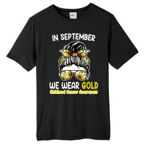 Floral Messy Bun In September We Wear Gold Childhood Cancer Tall Fusion ChromaSoft Performance T-Shirt