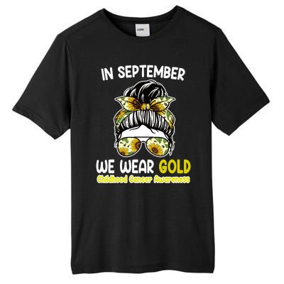 Floral Messy Bun In September We Wear Gold Childhood Cancer Tall Fusion ChromaSoft Performance T-Shirt